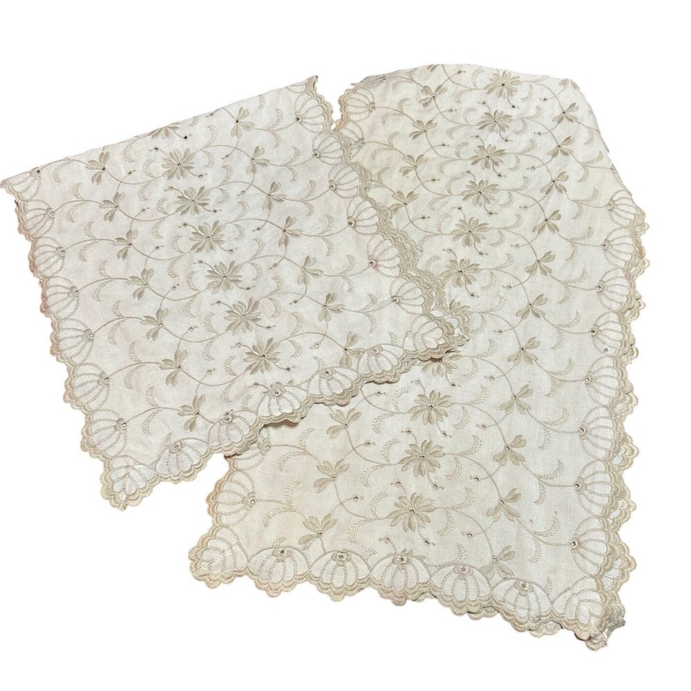 Vintage Ecru Floral Embroidered Scalloped Eyelet Table Runner Set 2 Cottagecore